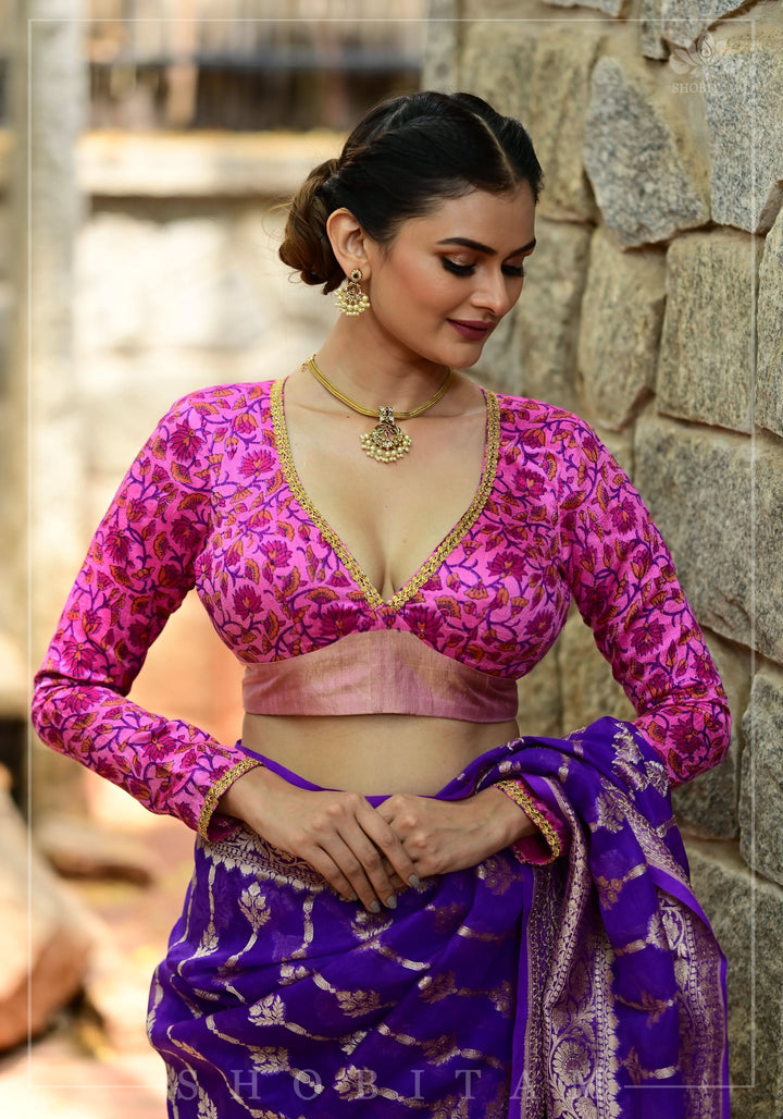 Pink floral Pure Raw Silk full sleeve Plunge neck blouse with Bow tie back