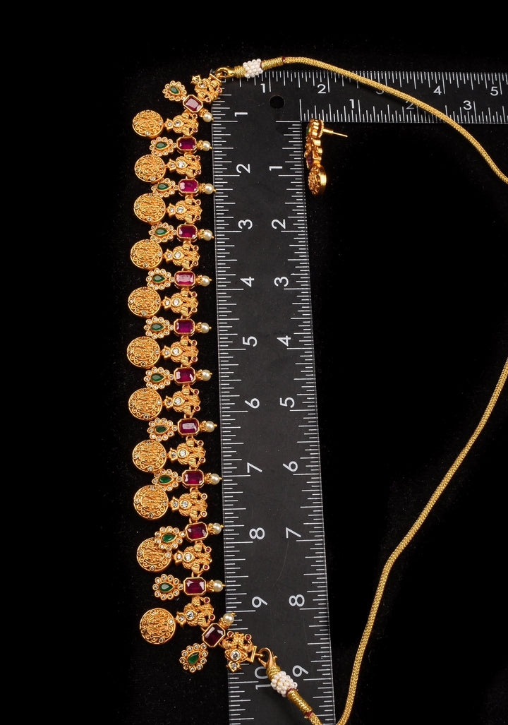 Lord Rama Sita and Lakshmana Units Necklace Set with Red and Green Stone Detailing