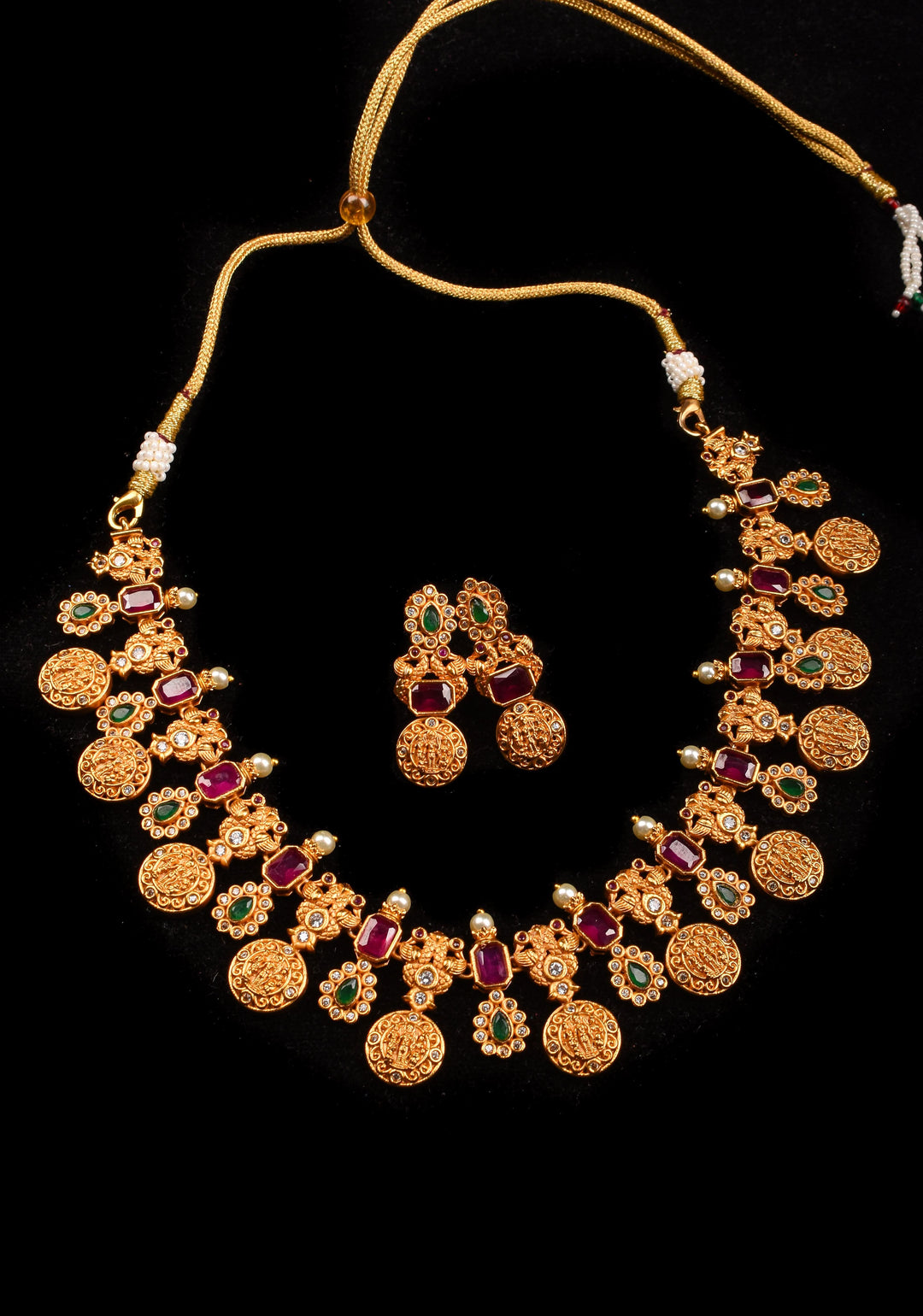 Lord Rama Sita and Lakshmana Units Necklace Set with Red and Green Stone Detailing