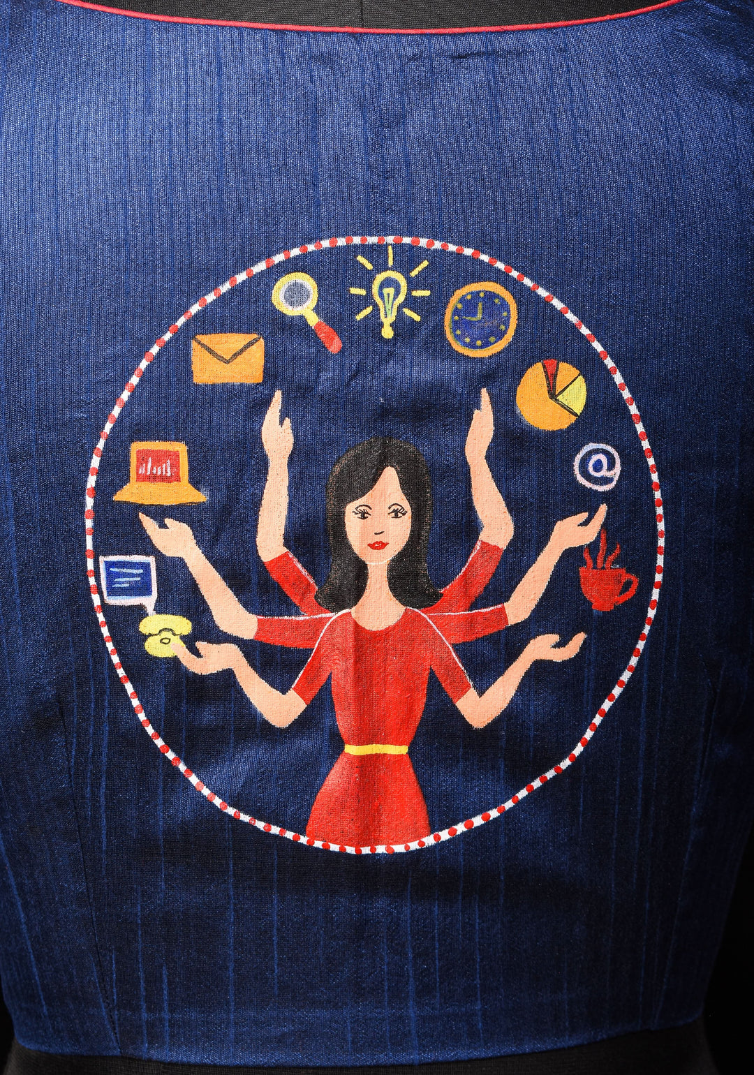 Size 36:Superwoman Hand painted Saree Blouse in Deep Blue Semi Silk