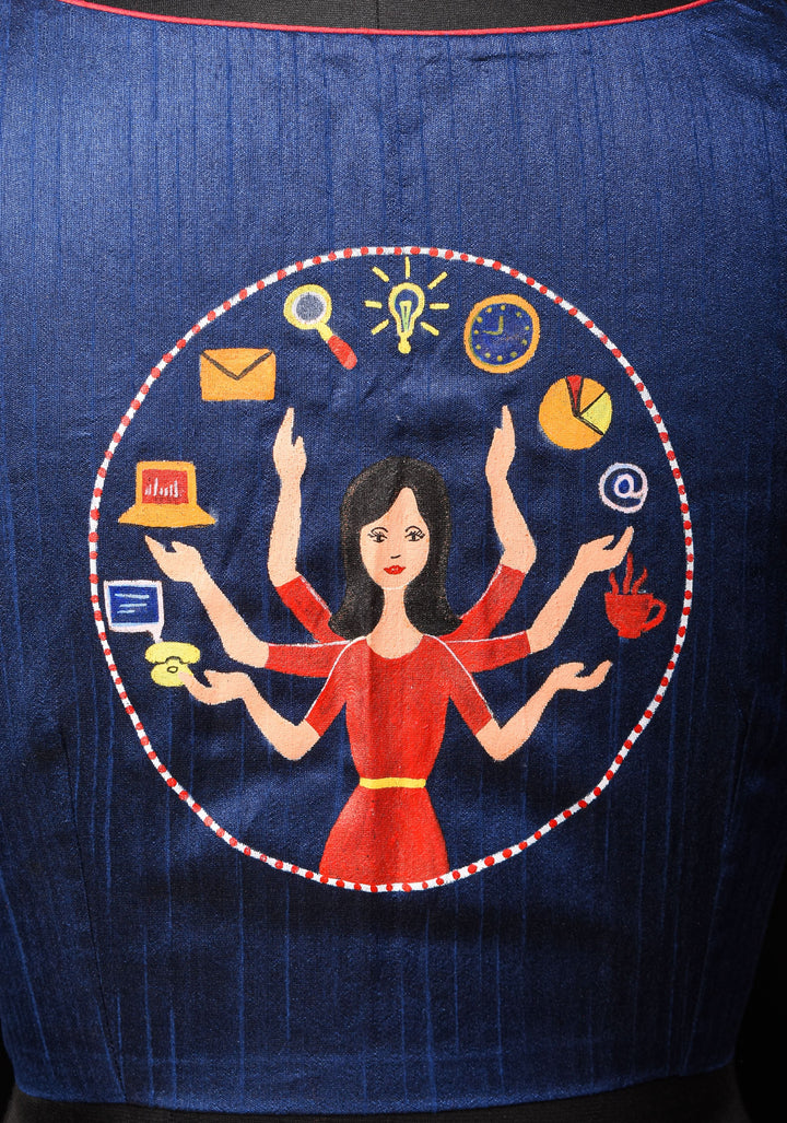 Size 36:Superwoman Hand painted Saree Blouse in Deep Blue Semi Silk