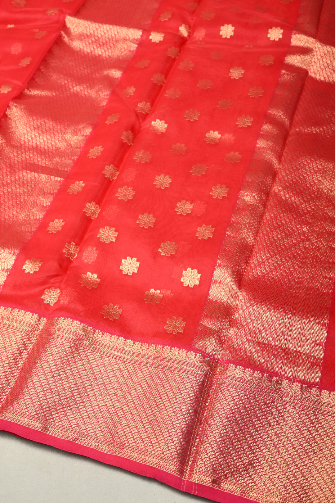 Bright Red Chanderi Silk Saree with Floral Zari Buttas and Zari Border | SHOBITAM