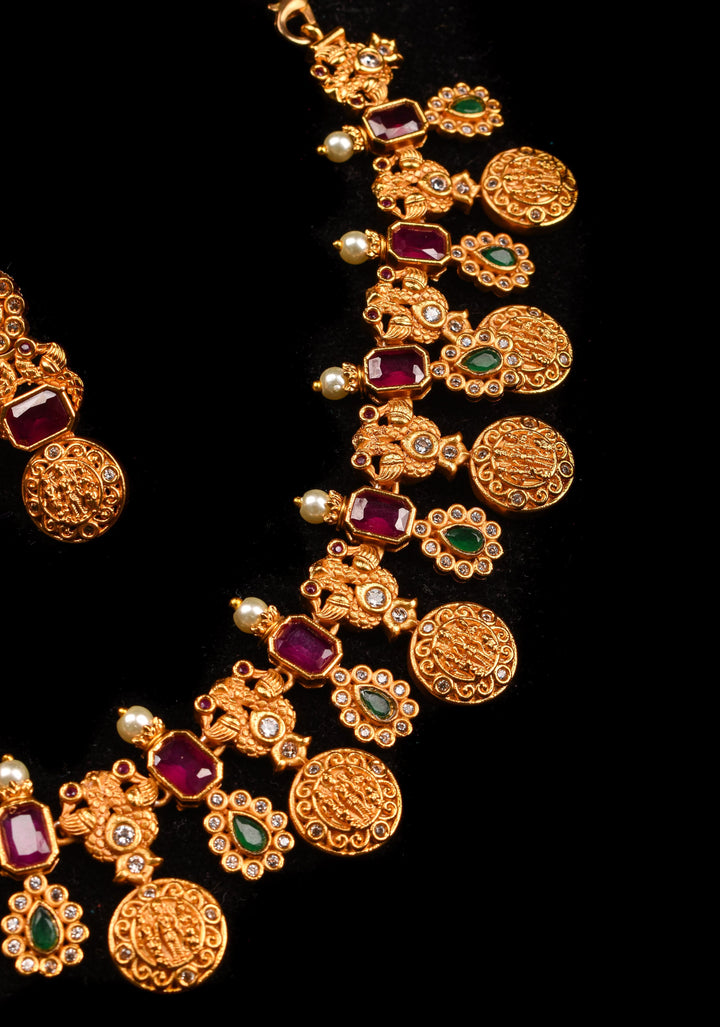 Lord Rama Sita and Lakshmana Units Necklace Set with Red and Green Stone Detailing