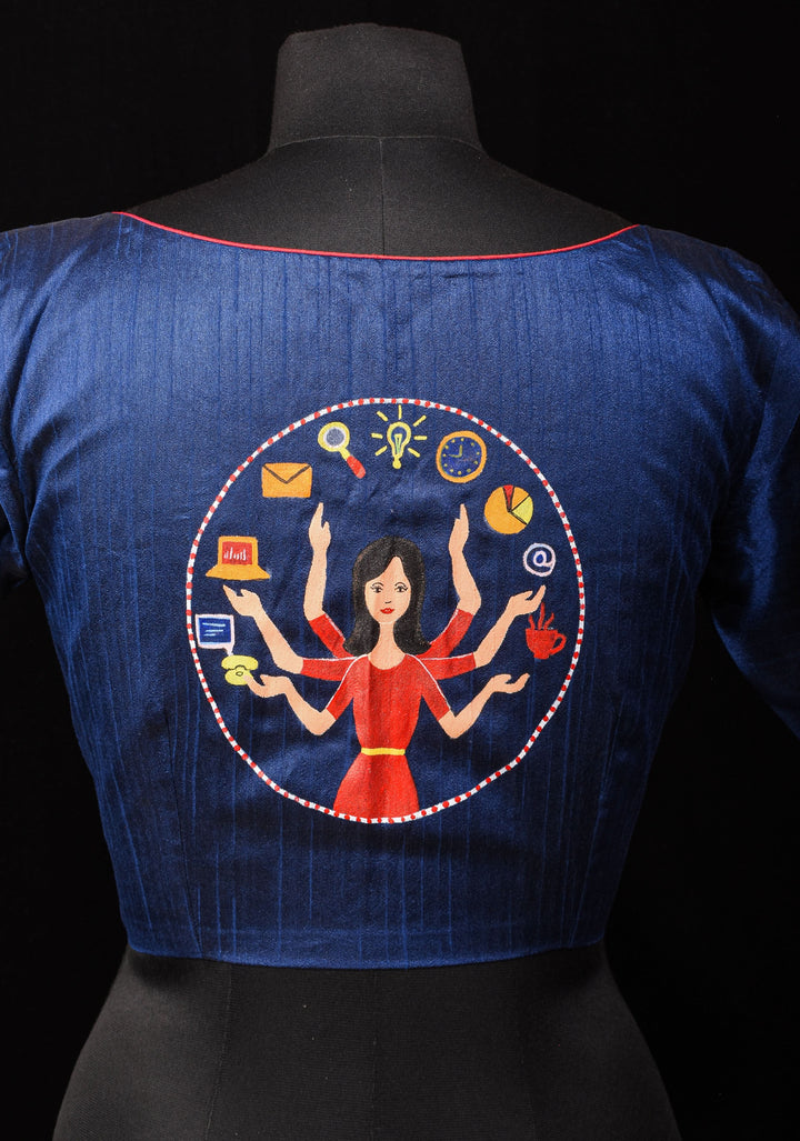 Size 36:Superwoman Hand painted Saree Blouse in Deep Blue Semi Silk