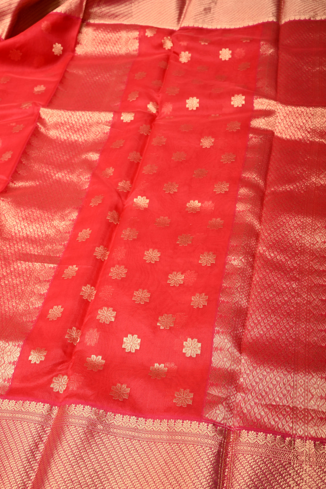 Bright Red Chanderi Silk Saree with Floral Zari Buttas and Zari Border | SHOBITAM