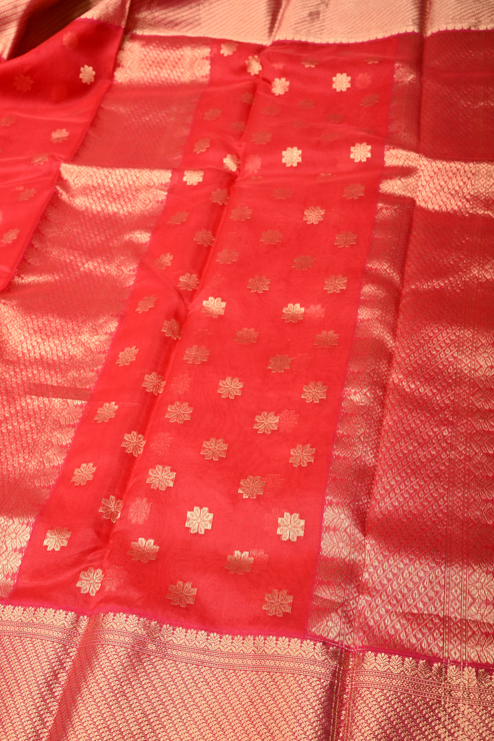Bright Red Chanderi Silk Saree with Floral Zari Buttas and Zari Border | SHOBITAM
