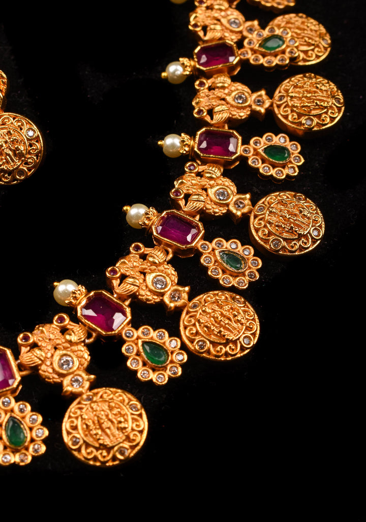 Lord Rama Sita and Lakshmana Units Necklace Set with Red and Green Stone Detailing