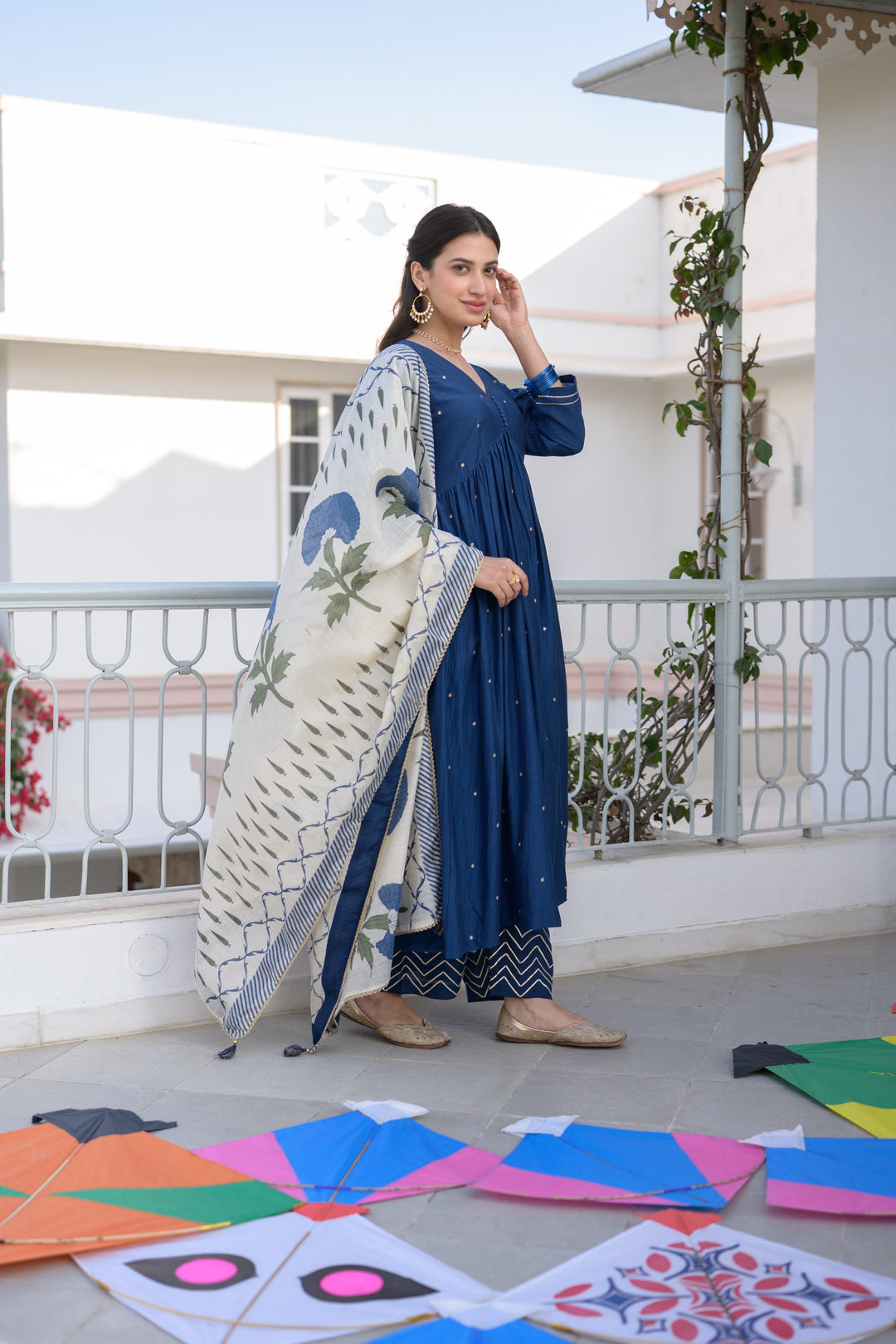 Blue Mul Chanderi Alia Cut With Spread Mirror work and Block Print Dupatta Suit Set- SET OF-3 | SHOB