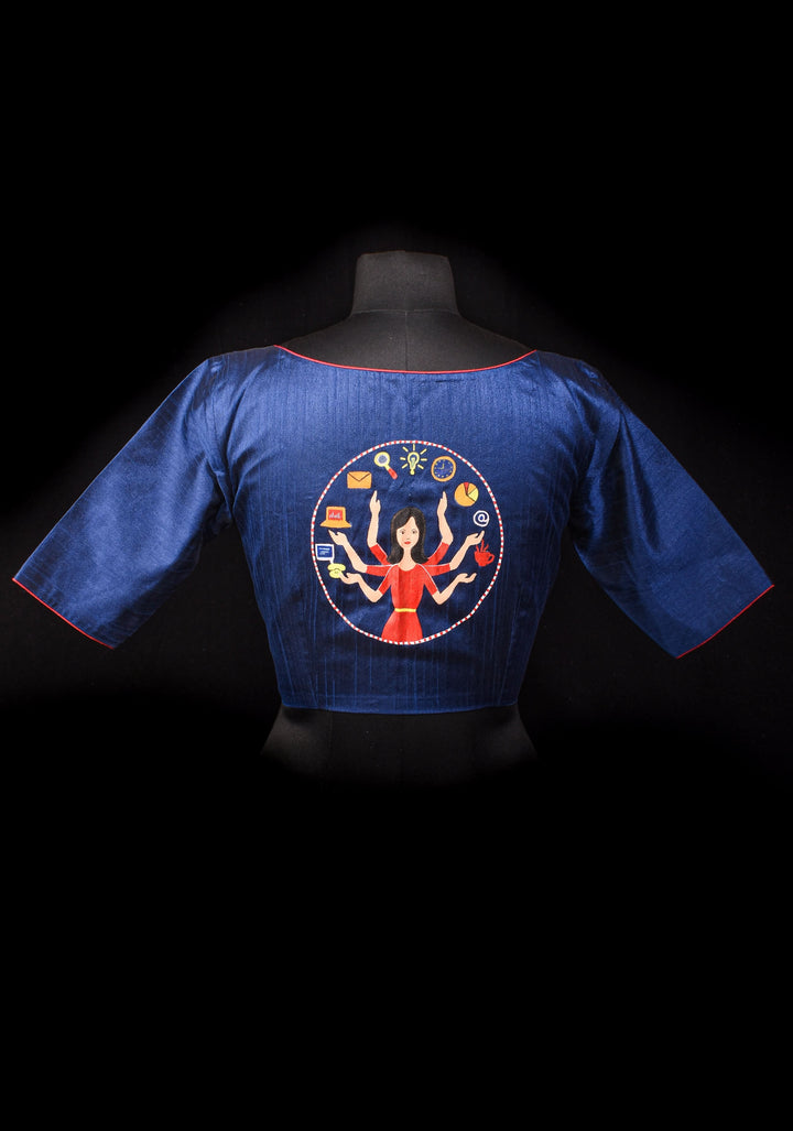 Size 36:Superwoman Hand painted Saree Blouse in Deep Blue Semi Silk