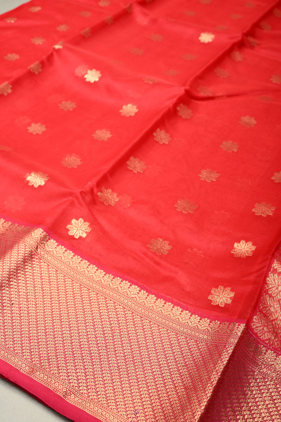 Bright Red Chanderi Silk Saree with Floral Zari Buttas and Zari Border | SHOBITAM