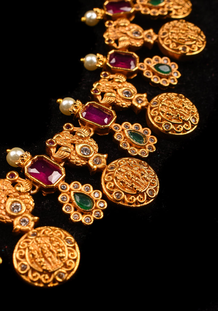 Lord Rama Sita and Lakshmana Units Necklace Set with Red and Green Stone Detailing
