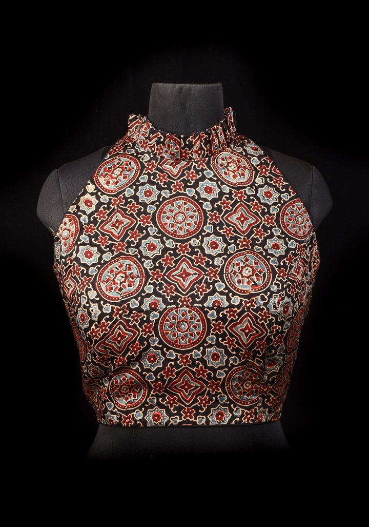 Size 42: Black Ajrakh Hand block Print Modal Silk Blouse with Halter Neck