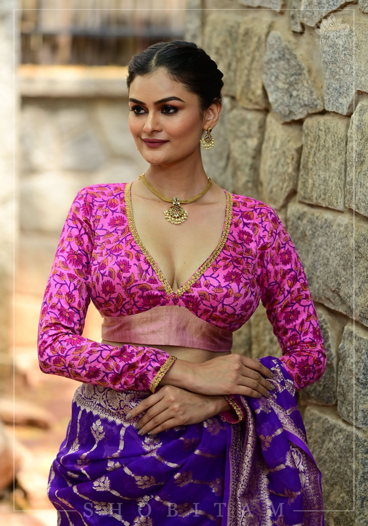 Pink floral Pure Raw Silk full sleeve Plunge neck blouse with Bow tie back