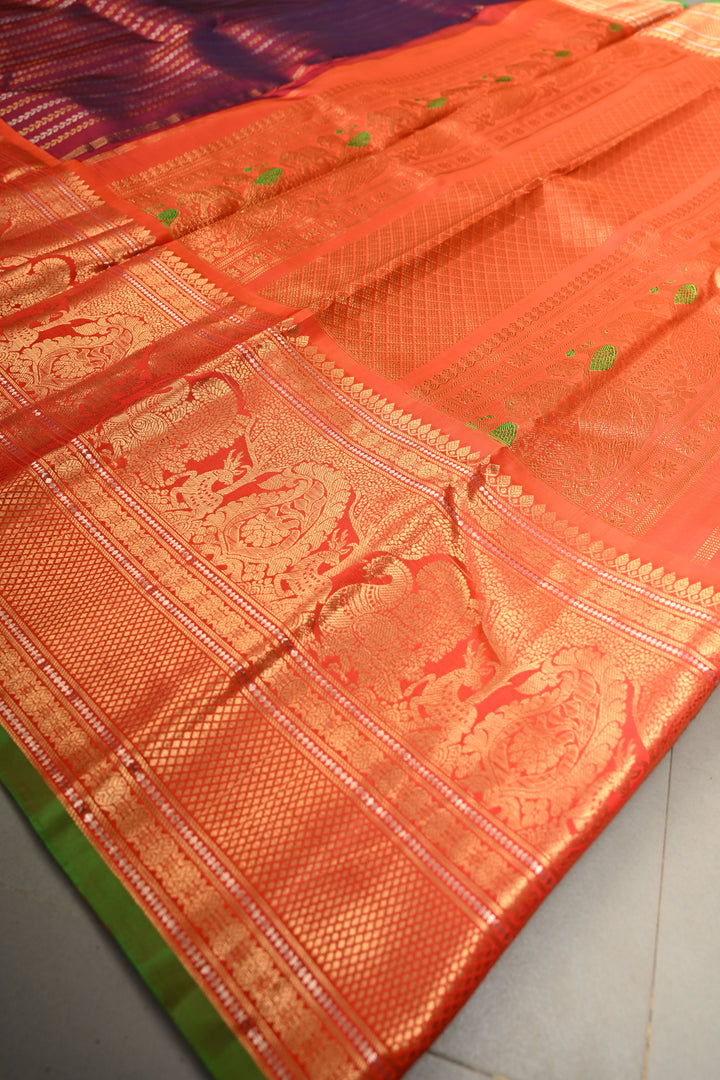 Plum-Purple Dual Tone Pure Gadwal Silk Saree with Vertical Stripes in Gold & Silver and 12" Contrast Wide Zari Border | SILK MARK CERTIFIED | SHOBITAM
