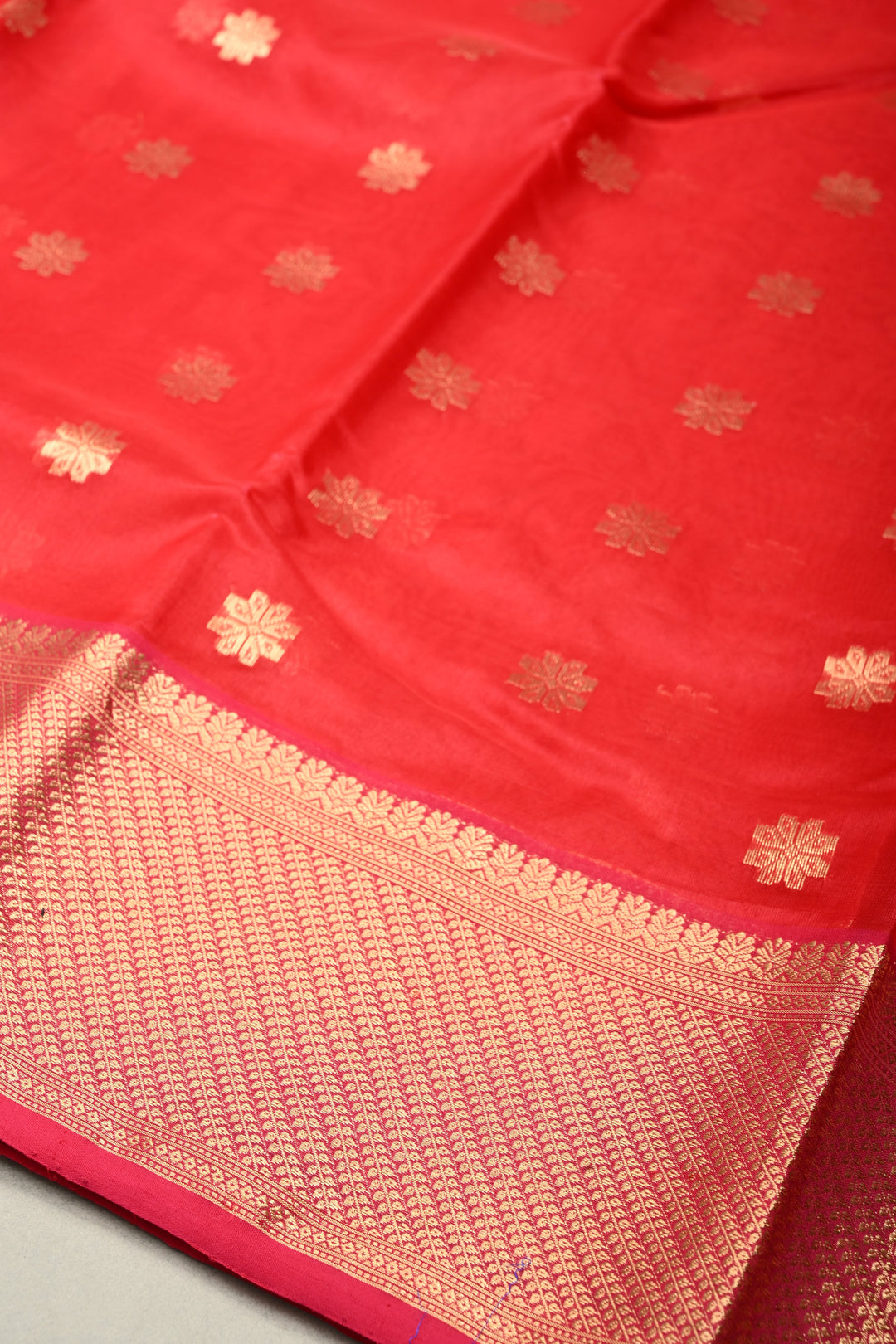 Bright Red Chanderi Silk Saree with Floral Zari Buttas and Zari Border | SHOBITAM