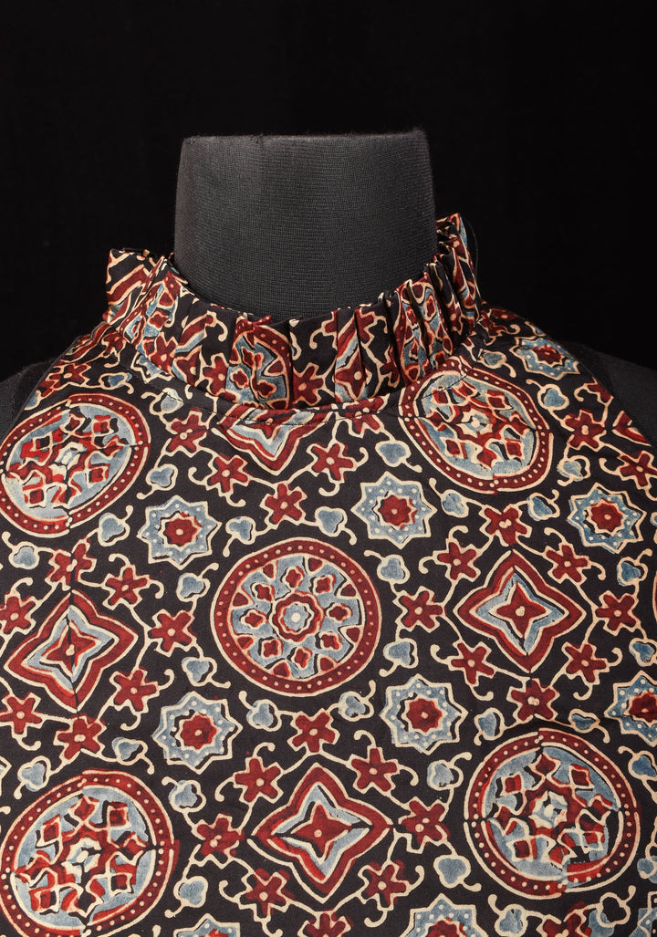 Size 42: Black Ajrakh Hand block Print Modal Silk Blouse with Halter Neck