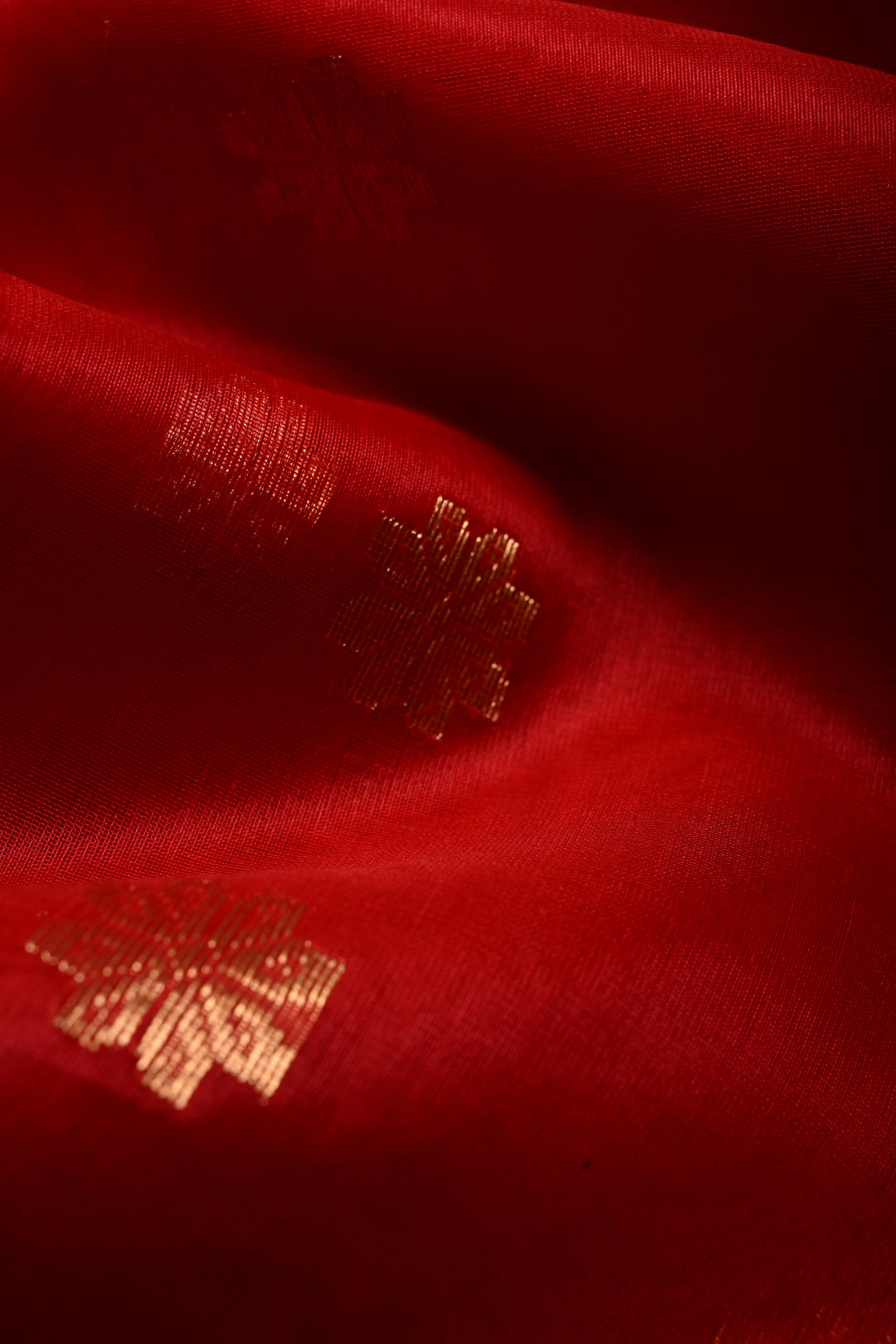 Bright Red Chanderi Silk Saree with Floral Zari Buttas and Zari Border | SHOBITAM
