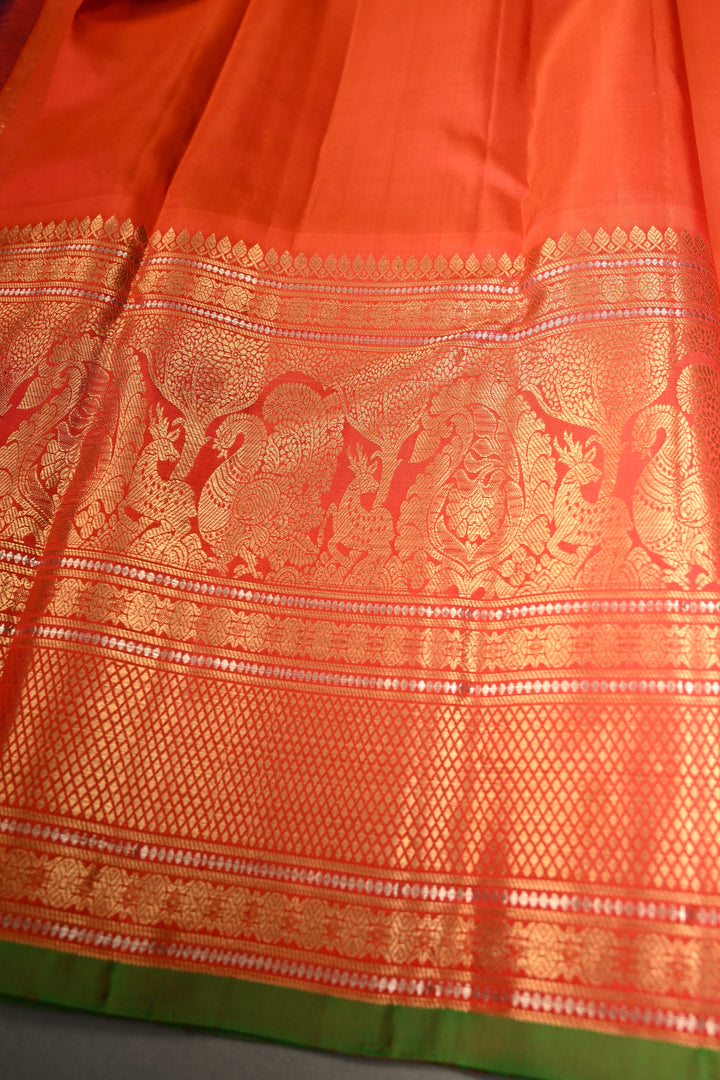 Plum-Purple Dual Tone Pure Gadwal Silk Saree with Vertical Stripes in Gold & Silver and 12" Contrast Wide Zari Border | SILK MARK CERTIFIED | SHOBITAM