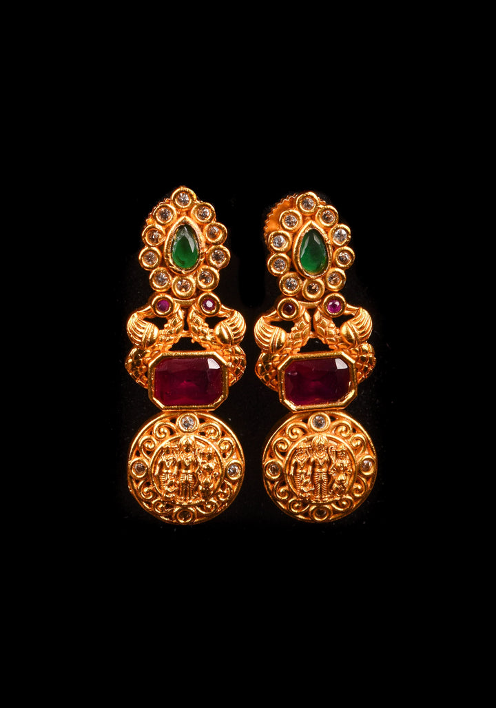 Lord Rama Sita and Lakshmana Units Necklace Set with Red and Green Stone Detailing