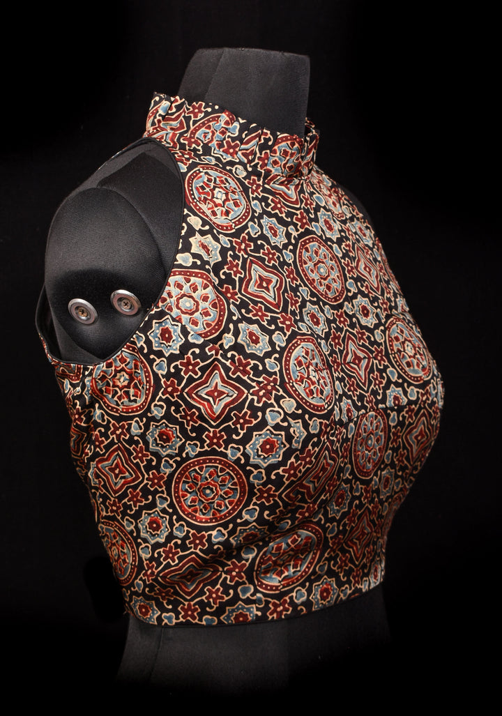 Size 42: Black Ajrakh Hand block Print Modal Silk Blouse with Halter Neck