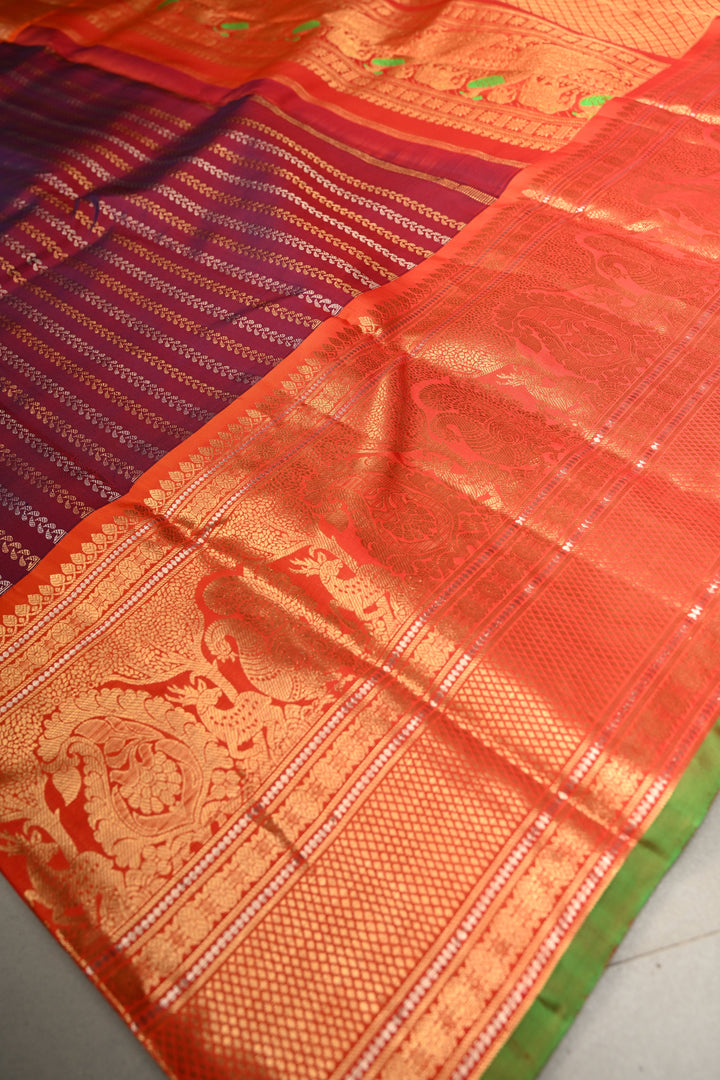 Plum-Purple Dual Tone Pure Gadwal Silk Saree with Vertical Stripes in Gold & Silver and 12" Contrast Wide Zari Border | SILK MARK CERTIFIED | SHOBITAM