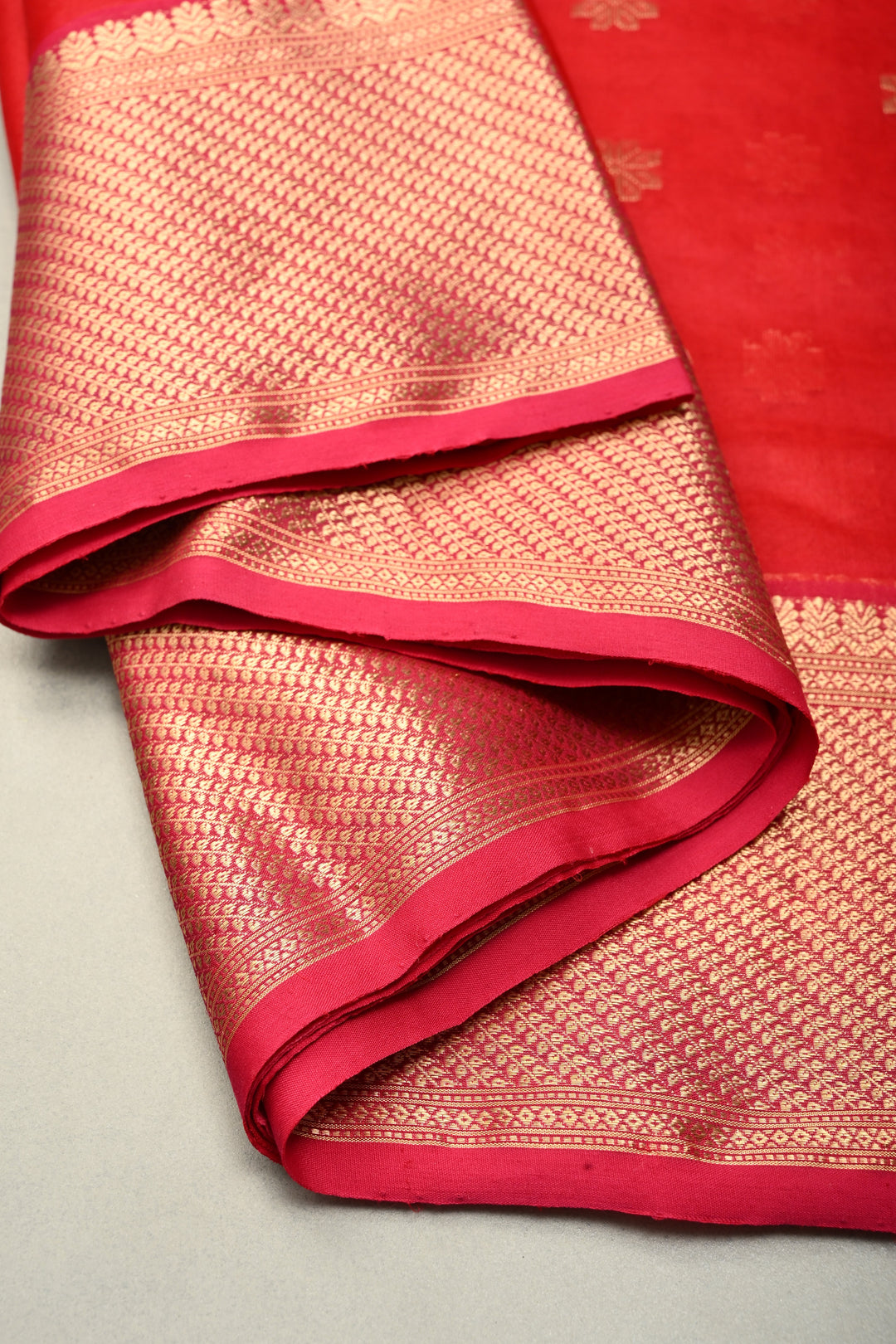 Bright Red Chanderi Silk Saree with Floral Zari Buttas and Zari Border | SHOBITAM