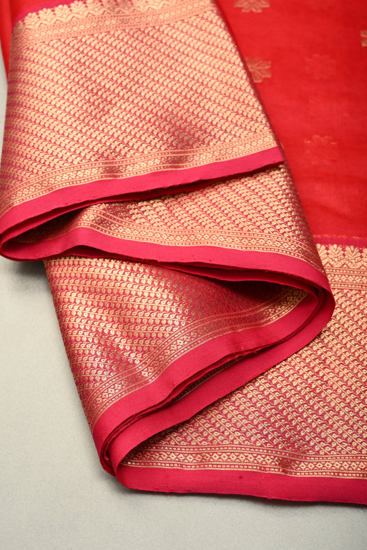 Bright Red Chanderi Silk Saree with Floral Zari Buttas and Zari Border | SHOBITAM