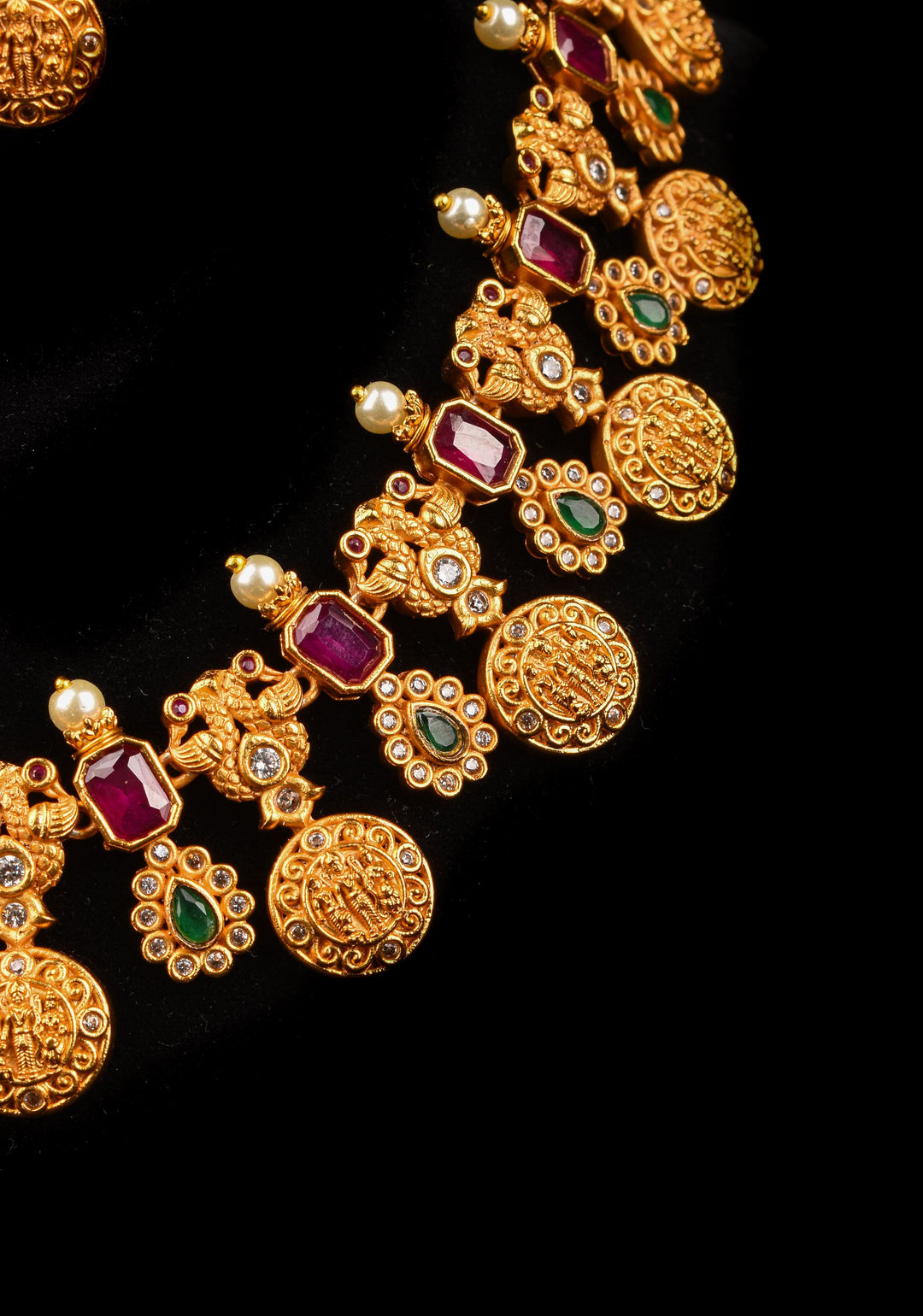 Lord Rama Sita and Lakshmana Units Necklace Set with Red and Green Stone Detailing