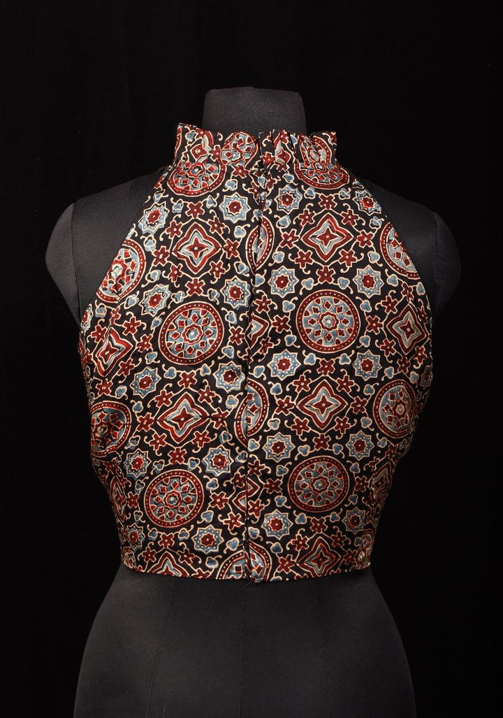Size 42: Black Ajrakh Hand block Print Modal Silk Blouse with Halter Neck