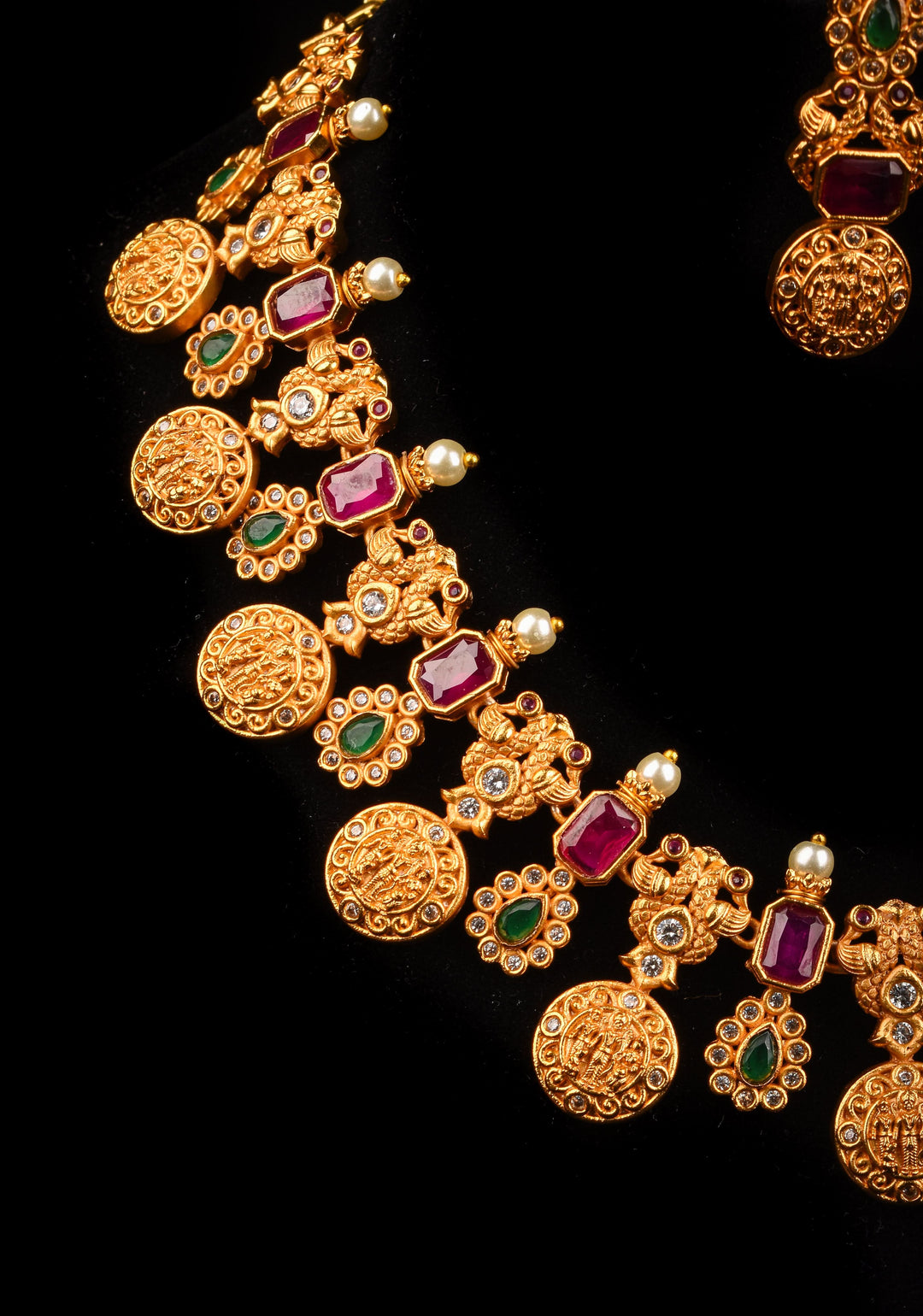 Lord Rama Sita and Lakshmana Units Necklace Set with Red and Green Stone Detailing