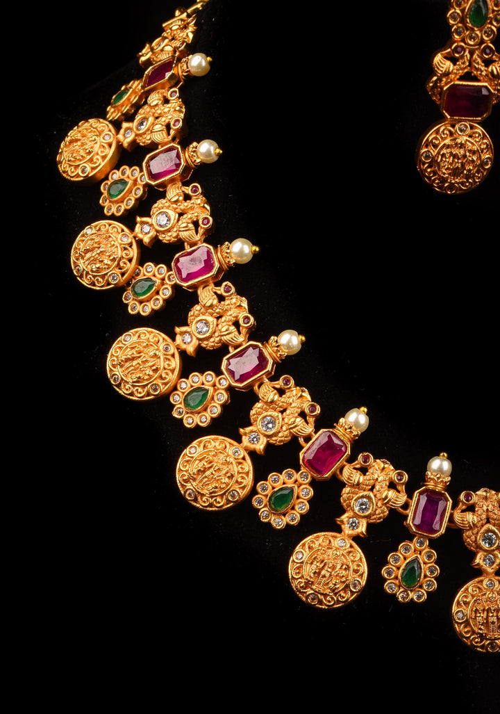 Lord Rama Sita and Lakshmana Units Necklace Set with Red and Green Stone Detailing