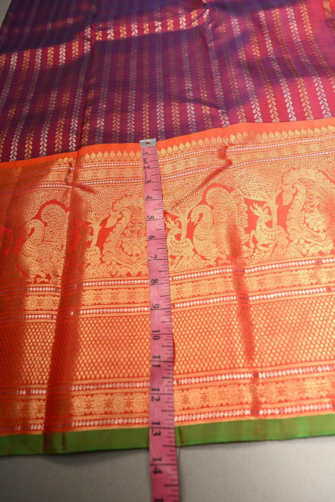 Plum-Purple Dual Tone Pure Gadwal Silk Saree with Vertical Stripes in Gold & Silver and 12" Contrast Wide Zari Border | SILK MARK CERTIFIED | SHOBITAM