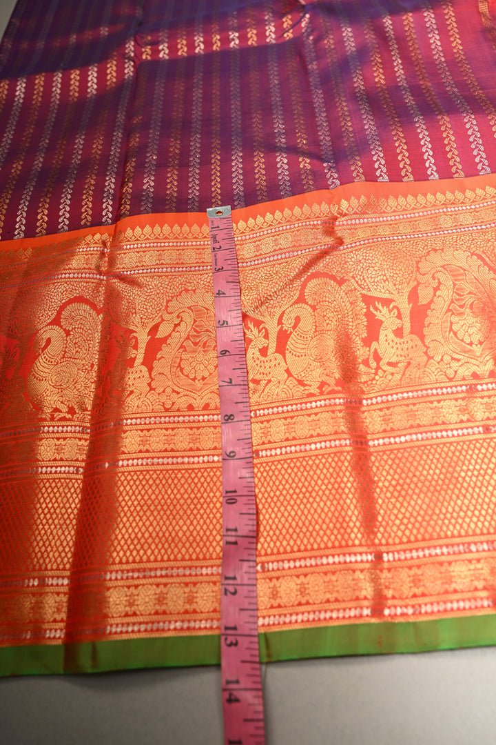 Plum-Purple Dual Tone Pure Gadwal Silk Saree with Vertical Stripes in Gold & Silver and 12" Contrast Wide Zari Border | SILK MARK CERTIFIED | SHOBITAM