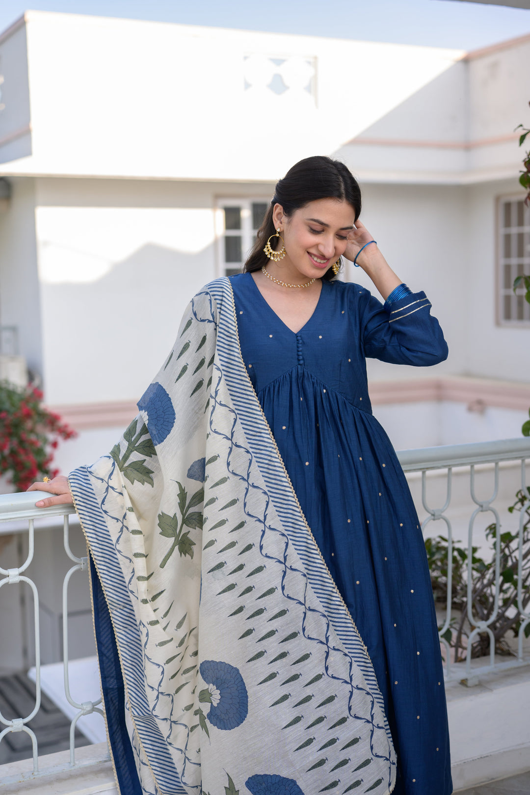 Blue Mul Chanderi Alia Cut With Spread Mirror work and Block Print Dupatta Suit Set- SET OF-3 | SHOB
