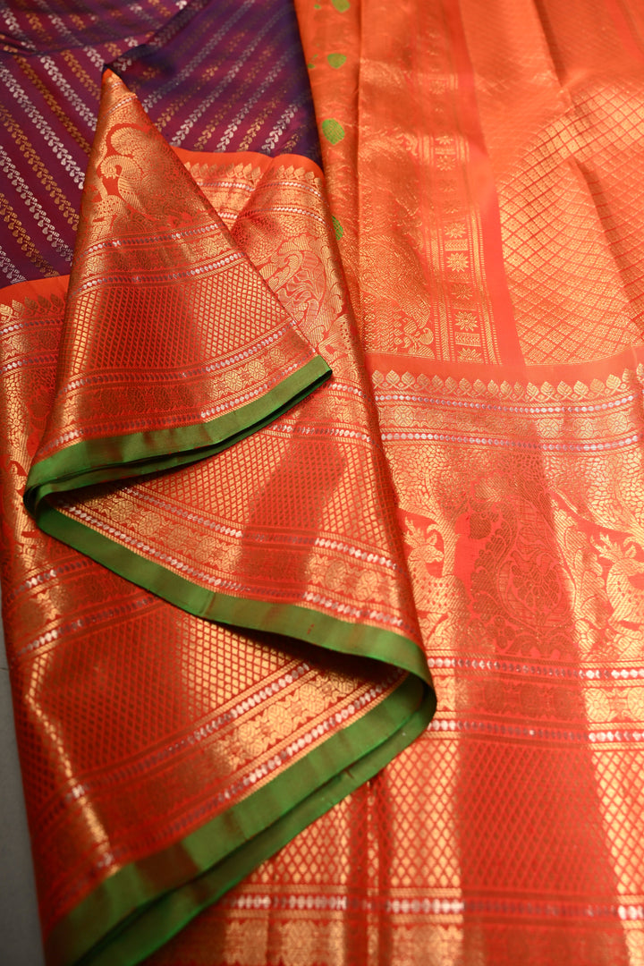 Plum-Purple Dual Tone Pure Gadwal Silk Saree with Vertical Stripes in Gold & Silver and 12" Contrast Wide Zari Border | SILK MARK CERTIFIED | SHOBITAM