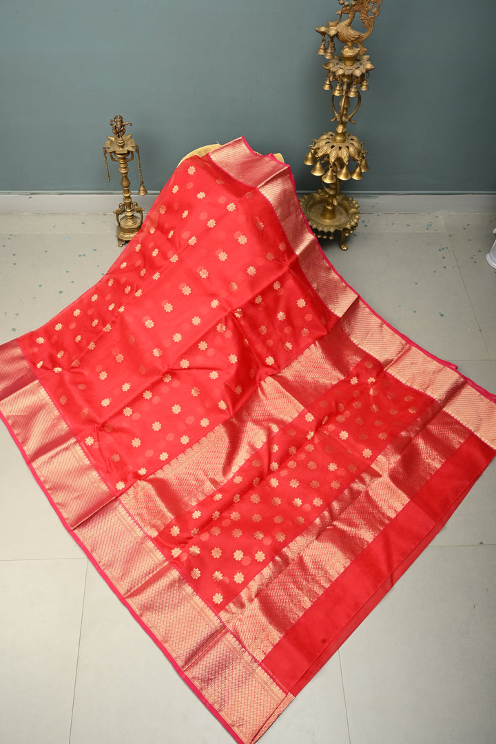 Bright Red Chanderi Silk Saree with Floral Zari Buttas and Zari Border | SHOBITAM