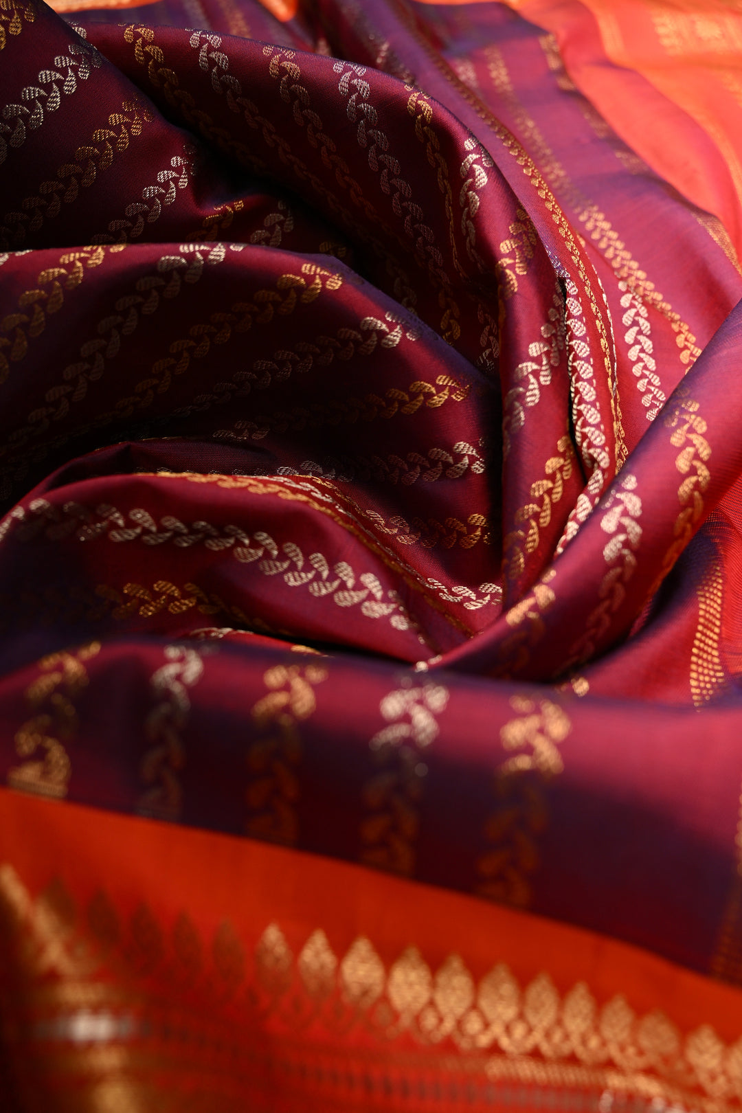 Plum-Purple Dual Tone Pure Gadwal Silk Saree with Vertical Stripes in Gold & Silver and 12" Contrast Wide Zari Border | SILK MARK CERTIFIED | SHOBITAM