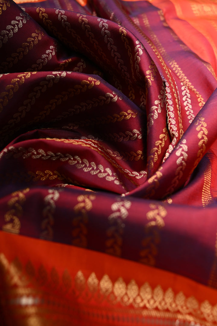 Plum-Purple Dual Tone Pure Gadwal Silk Saree with Vertical Stripes in Gold & Silver and 12" Contrast Wide Zari Border | SILK MARK CERTIFIED | SHOBITAM