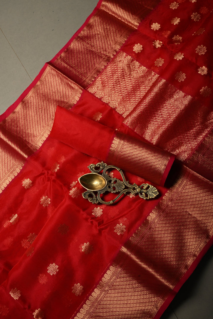 Bright Red Chanderi Silk Saree with Floral Zari Buttas and Zari Border | SHOBITAM