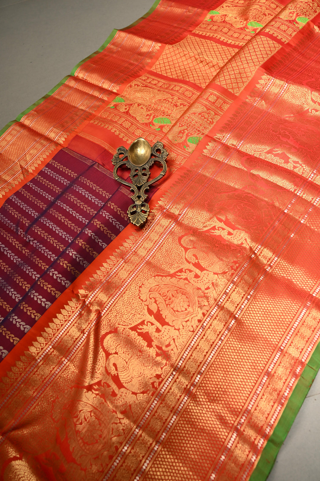 Plum-Purple Dual Tone Pure Gadwal Silk Saree with Vertical Stripes in Gold & Silver and 12" Contrast Wide Zari Border | SILK MARK CERTIFIED | SHOBITAM