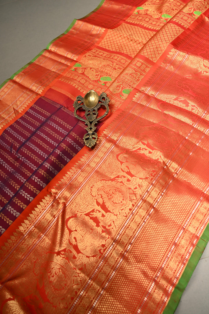Plum-Purple Dual Tone Pure Gadwal Silk Saree with Vertical Stripes in Gold & Silver and 12" Contrast Wide Zari Border | SILK MARK CERTIFIED | SHOBITAM