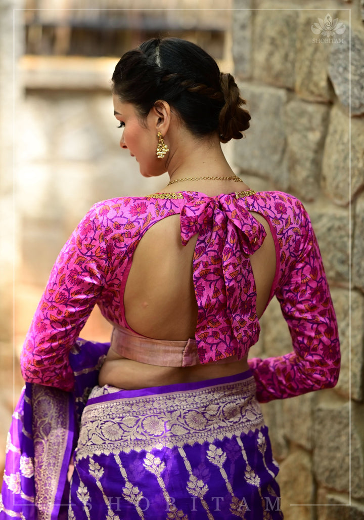 Pink floral Pure Raw Silk full sleeve Plunge neck blouse with Bow tie back