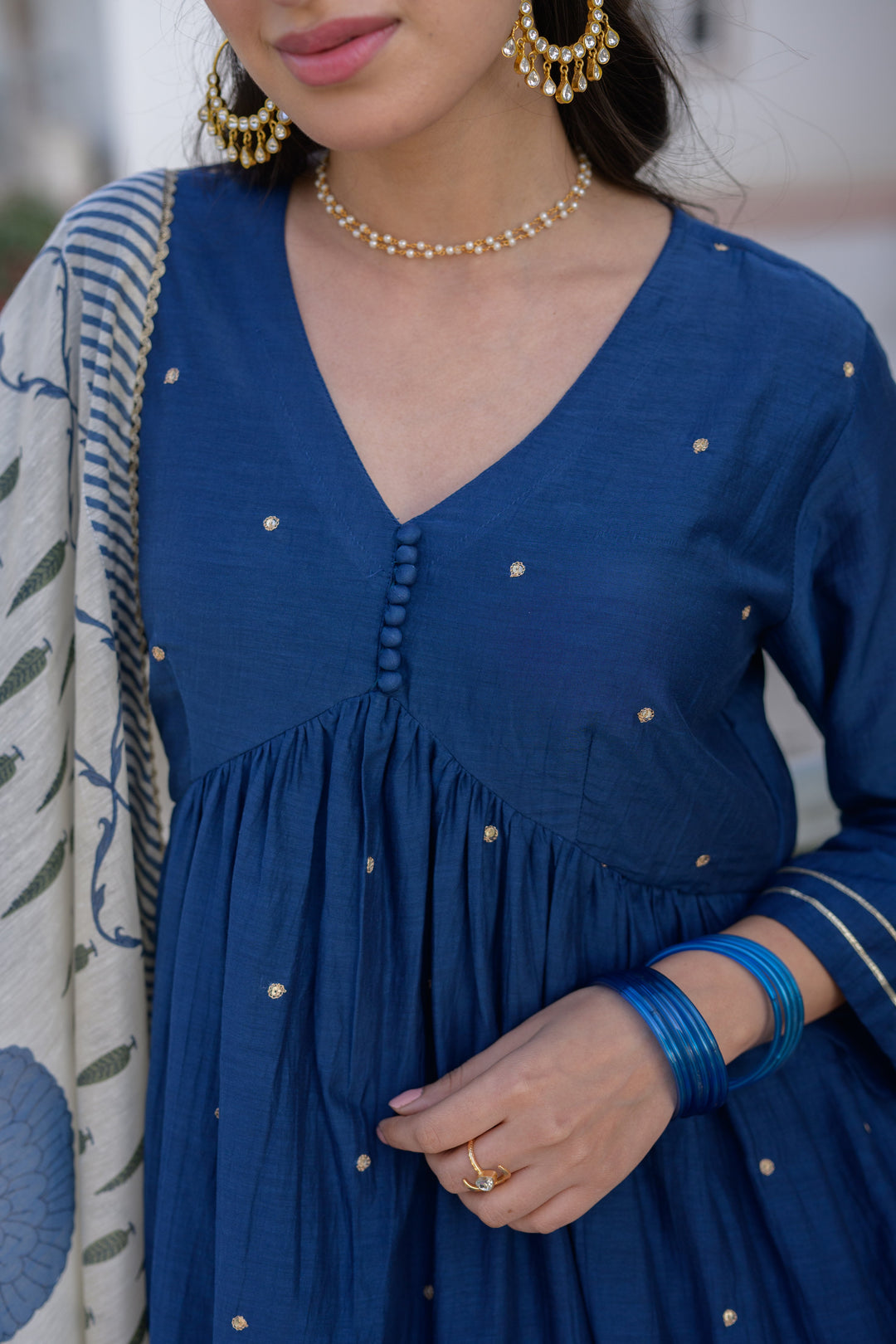 Blue Mul Chanderi Alia Cut With Spread Mirror work and Block Print Dupatta Suit Set- SET OF-3 | SHOB
