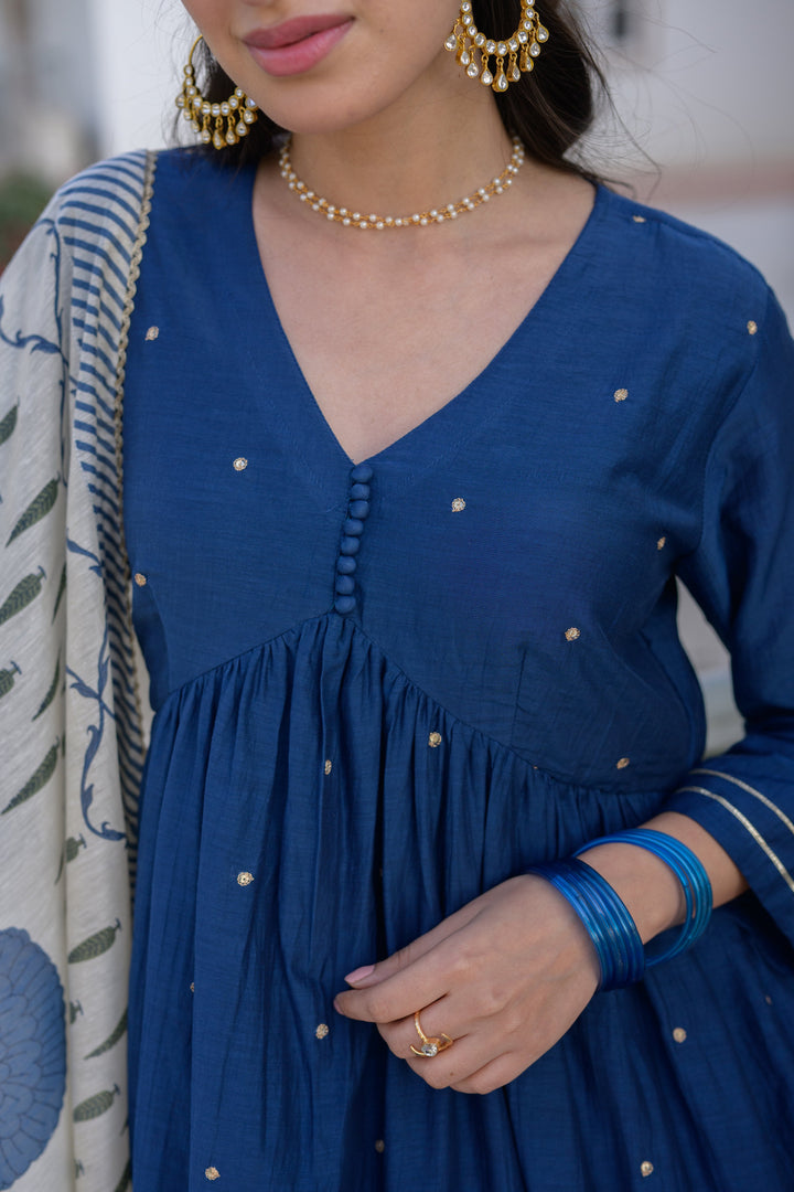 Blue Mul Chanderi Alia Cut With Spread Mirror work and Block Print Dupatta Suit Set- SET OF-3 | SHOB
