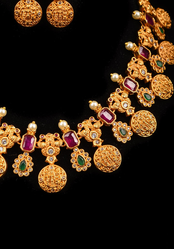 Lord Rama Sita and Lakshmana Units Necklace Set with Red and Green Stone Detailing