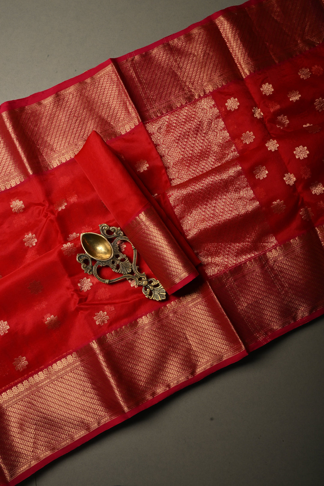 Bright Red Chanderi Silk Saree with Floral Zari Buttas and Zari Border | SHOBITAM