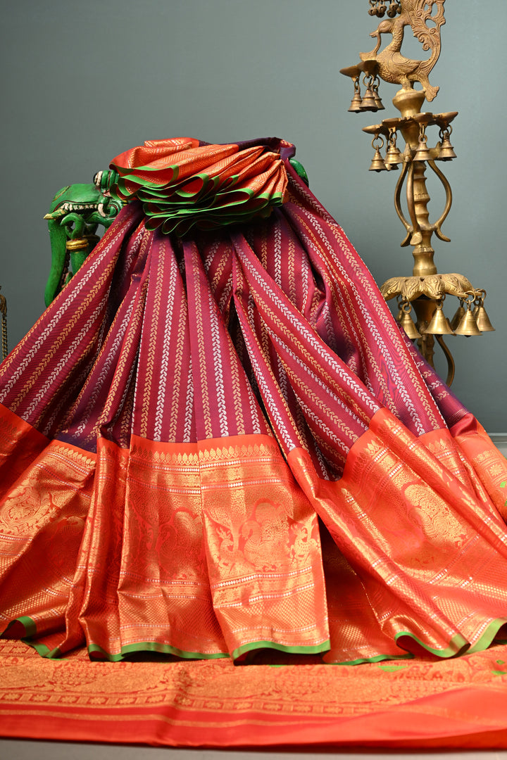 Plum-Purple Dual Tone Pure Gadwal Silk Saree with Vertical Stripes in Gold & Silver and 12" Contrast Wide Zari Border | SILK MARK CERTIFIED | SHOBITAM