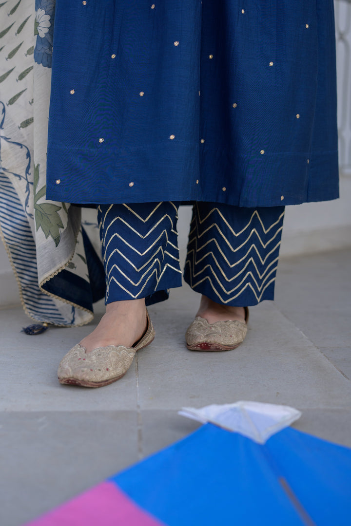 Blue Mul Chanderi Alia Cut With Spread Mirror work and Block Print Dupatta Suit Set- SET OF-3 | SHOB