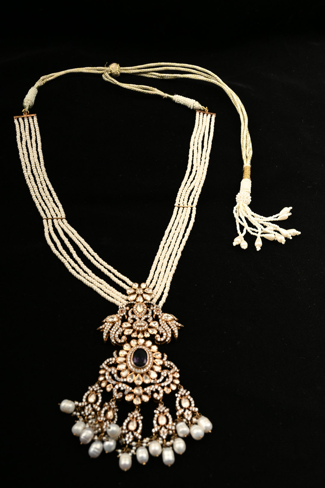 Pure 92.5 Silver Multi-Strand Pearl Necklace with Victorian Pendant | SHOBITAM