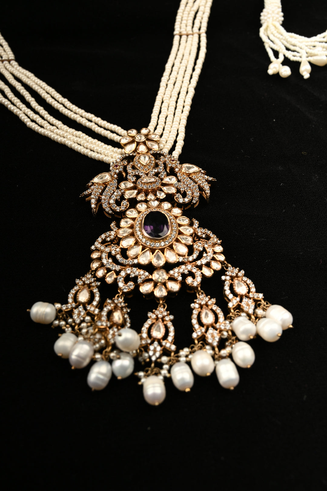 Pure 92.5 Silver Multi-Strand Pearl Necklace with Victorian Pendant | SHOBITAM
